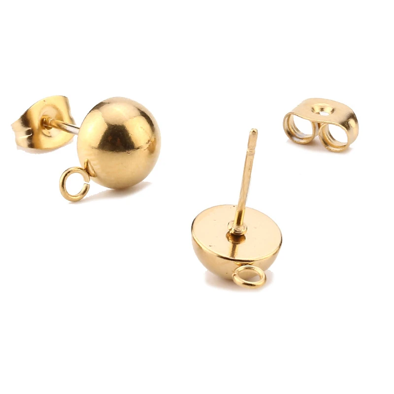 Gold Tone 10PCS 6mm/8mm Stainless Steel Stud Earrings Base Solid Half Ball Ear Post with Open Ring For Earring Making