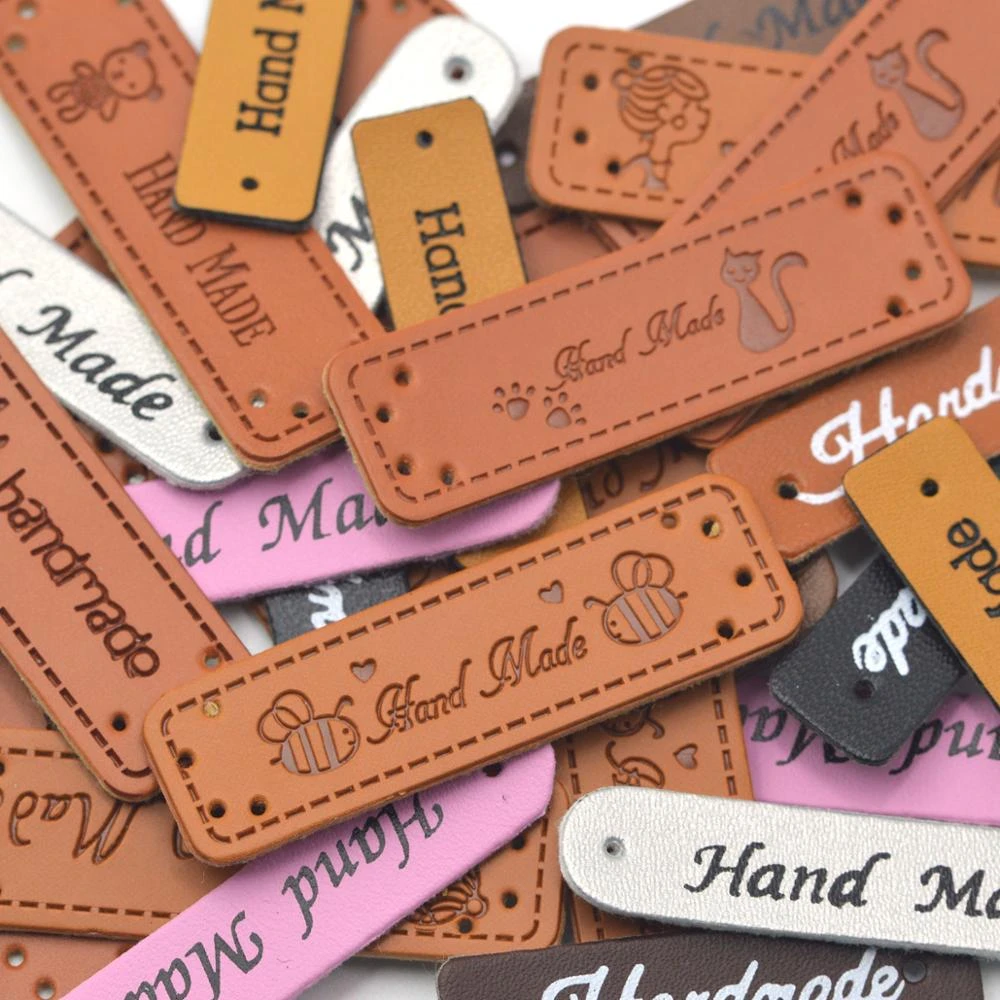 KALASO Wholesale 30pcs Handmade Labels Tags Clothes Garment PU Leather Hand Made Jeans Bags Shoes DIY Sewing Supplies