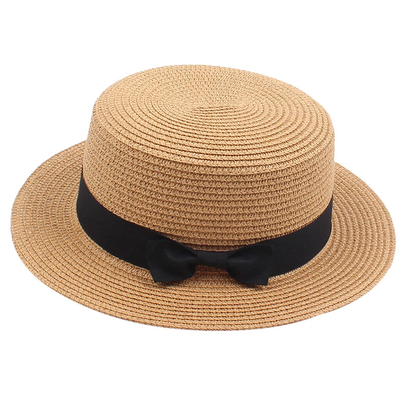 Girls Sun Cap Summer British Bow Flat Top Children Straw Hat For Girls Female Beach Sun Hat