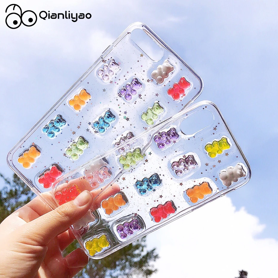Qianliyao Cute 3D Candy Colors Bear Phone Case for iphone 13 11 12 Pro Max X XS Max XR 8 7 6 6S plus Se 2020 Glitter Soft Cover