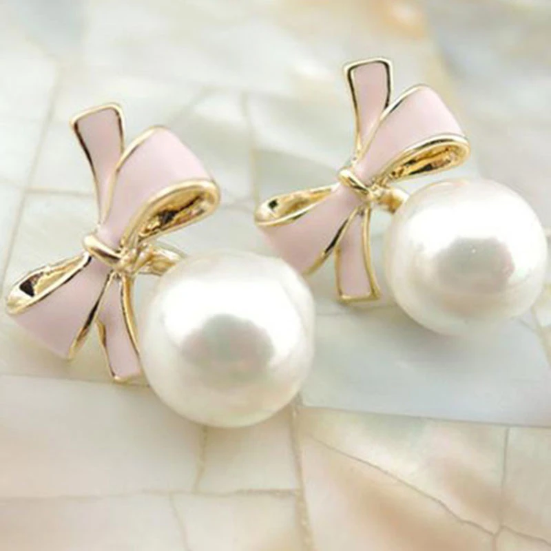 JIOFREE Korea Style Clip on Earring No Pierced for Women simulated pearl Charm pink white Bowknot no pierced Earrings