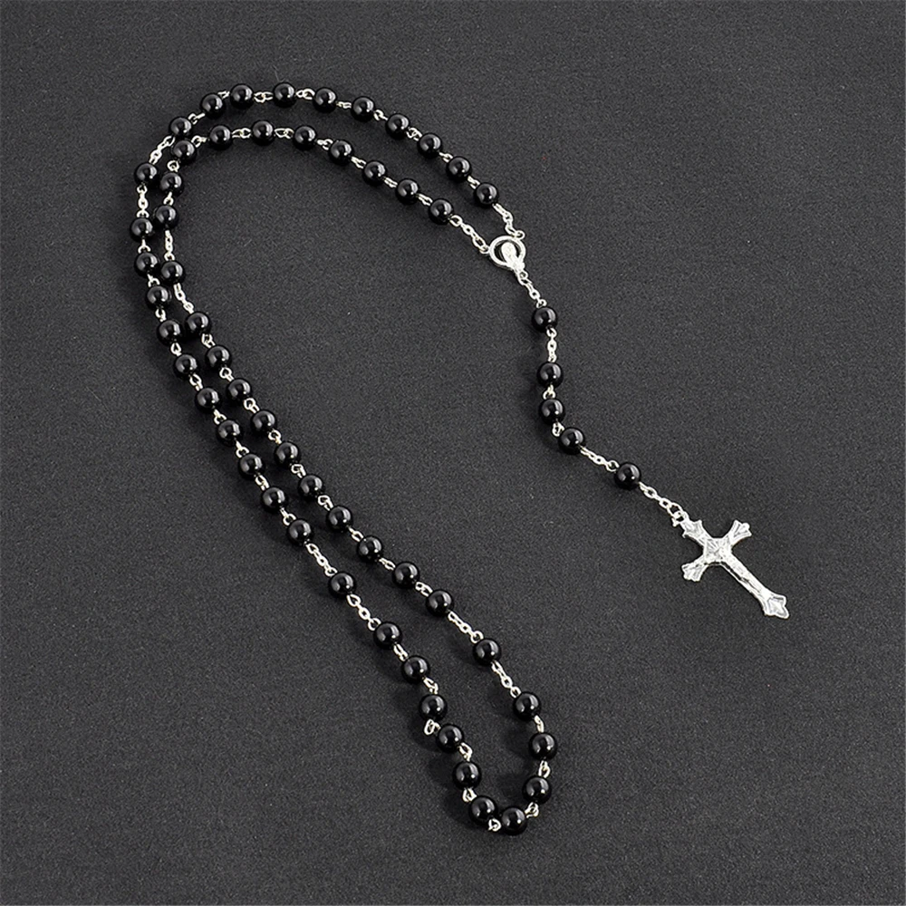 Catholic Religious Silver Plated Crucifix Jesus Piece Christian Virgin Mary Rosary Necklace Jewelry Black Crystal Prayer Beads