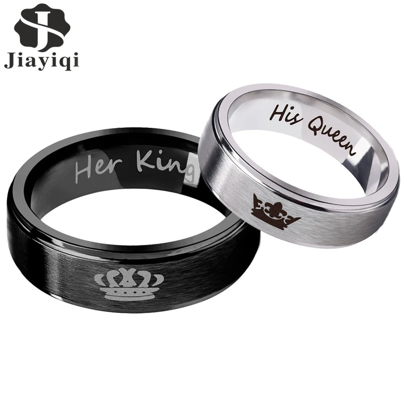 Jiayiqi Fashion His Queen Her King Couple Ring Crown Stainless Steel Wedding Ring for Women Men Jewelry Black Silver Color Ring