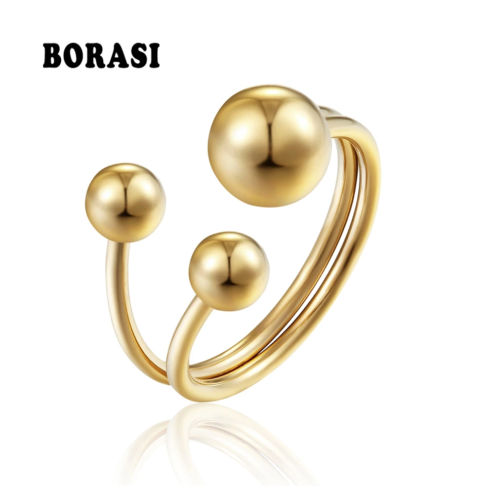 BORASI  Ring New Punk Three Round Style Gold-Color Stainless Steel Wedding Bands Rings For Women Party Gifts Fashion Jewelry