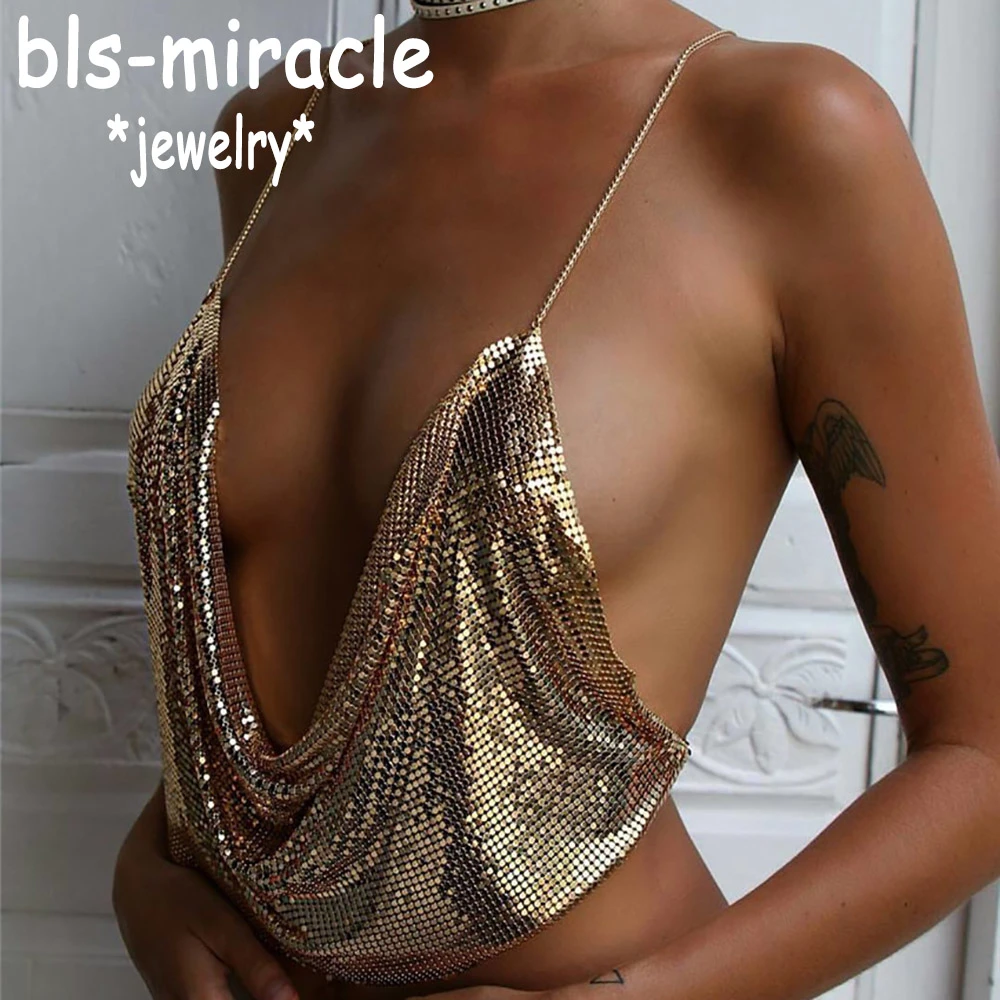 Bls-miracle Exaggerated Style Copper Sequins Cover Chest Dazzle Color Tassels For Women Sexy Statement Body Neckalce Gift BN-4