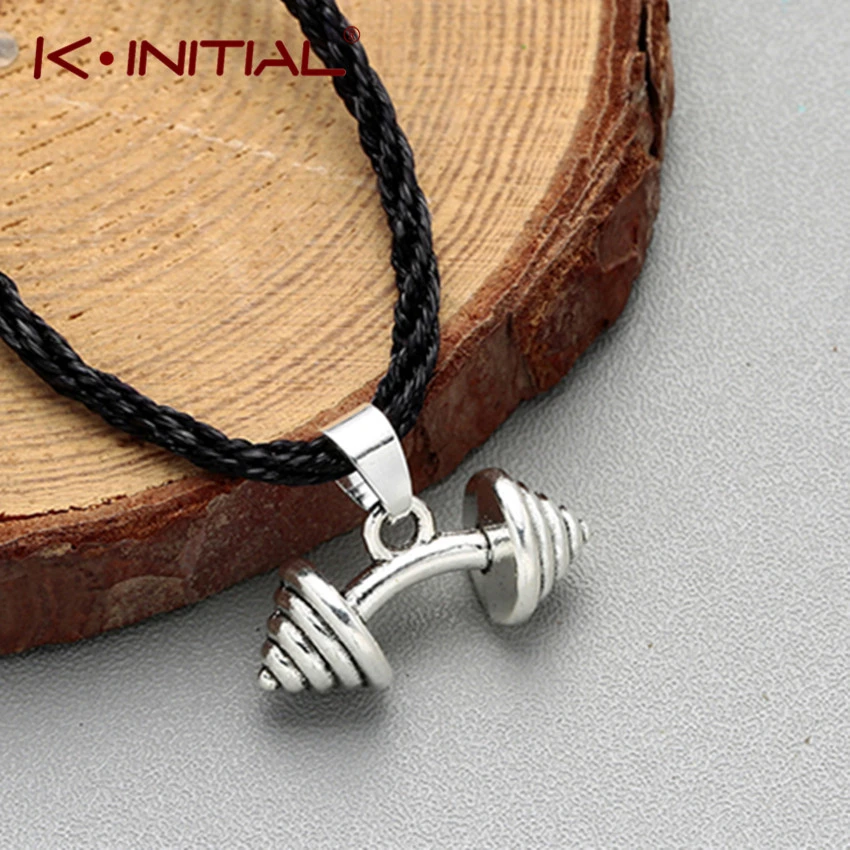 Kinitial Charm Fitness Gym Bodybuilding Sport Dumbbell Barbell Pendant Necklaces for Men Women Sport Fashion Rope Choker Jewelry
