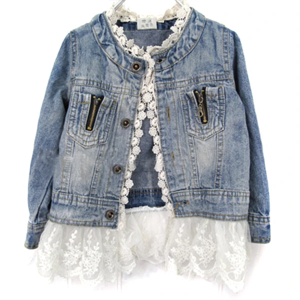 Girls Jean Jackets Kids Lace Coat Long Sleeve Button Denim Jackets For Girls 2-7Y New Woolen Fashion Patchwork