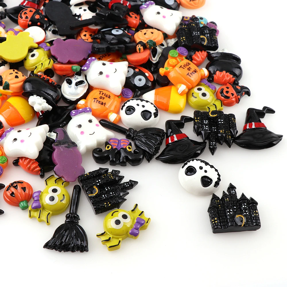 50PC  Hallowee Broom Horse Pumpkin Cloud Resin Flatback Cabochon Kawaii DIY Craft Decoration Miniature Resin Halloween  For DIY