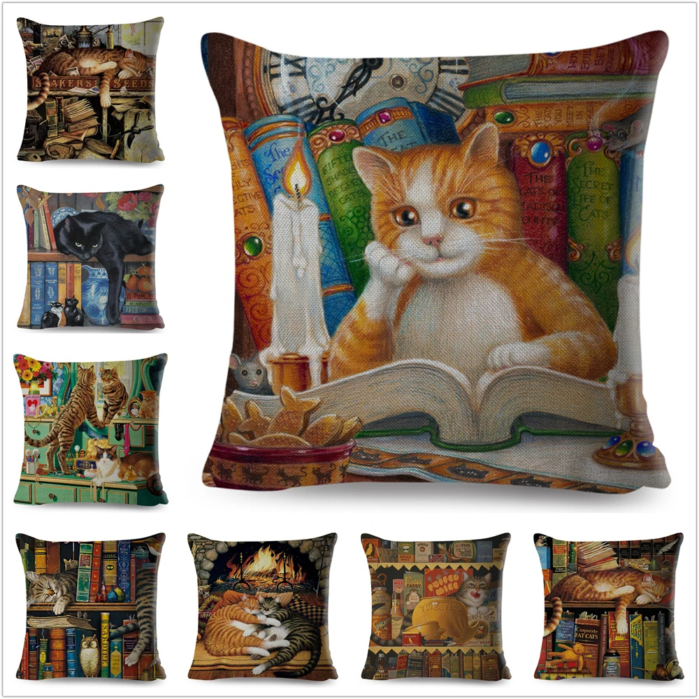 Cute Book Cat Party Cushion Cover Decor Cartoon Animal Pillowcase Printing Cojines Polyester Pillow Case  for Sofa Home 45x45cm