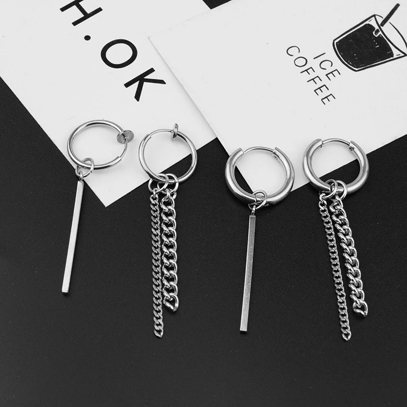 Korean Fashion Punk Earrings Stainless Steel Unisex Ear Clip Punk Hipster Rock Tassel Chain Unisex Stud Earring Mens Guys Gift