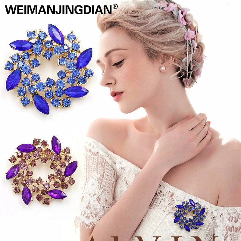 WEIMANJINGDIAN Brand Beautiful Crystal Rhinestones Flower Garland Brooch Pins for Lady Girls in Various Colors