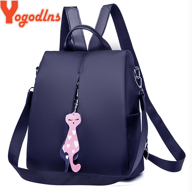 Yogodlns Women Backpack 2021 Fashion Oxford Bag Solid Color Travel Backpack Ladies Small Backpack With Cat Pendant