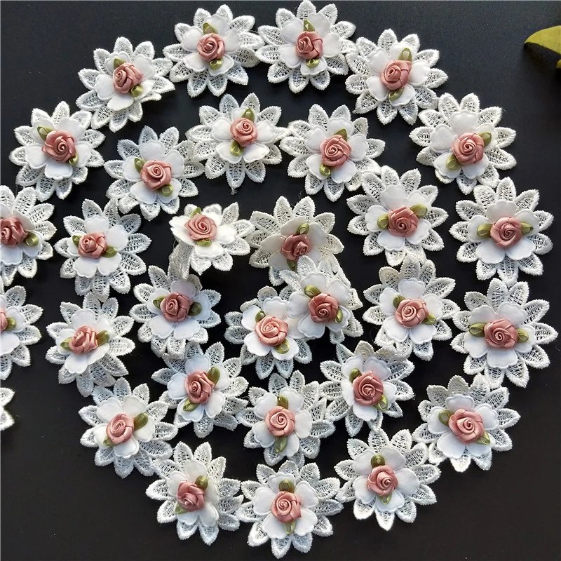 10X White 3D Rose Flower Lace Trim Applique Trimming Lace Ribbon Embroidered Fabric Sewing Craft Handmade Wedding Decoration