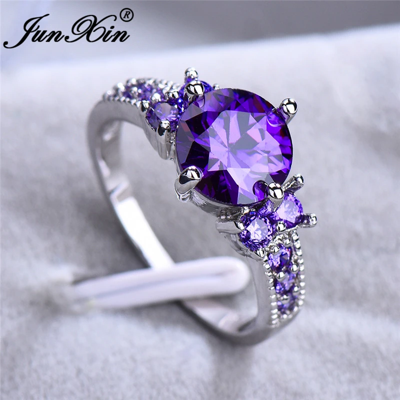 JUNXIN Multicolor Stone Rainbow Fire Birthstone Rings For Women White Gold Filled Purple Blue Zircon Thin Wedding Ring
