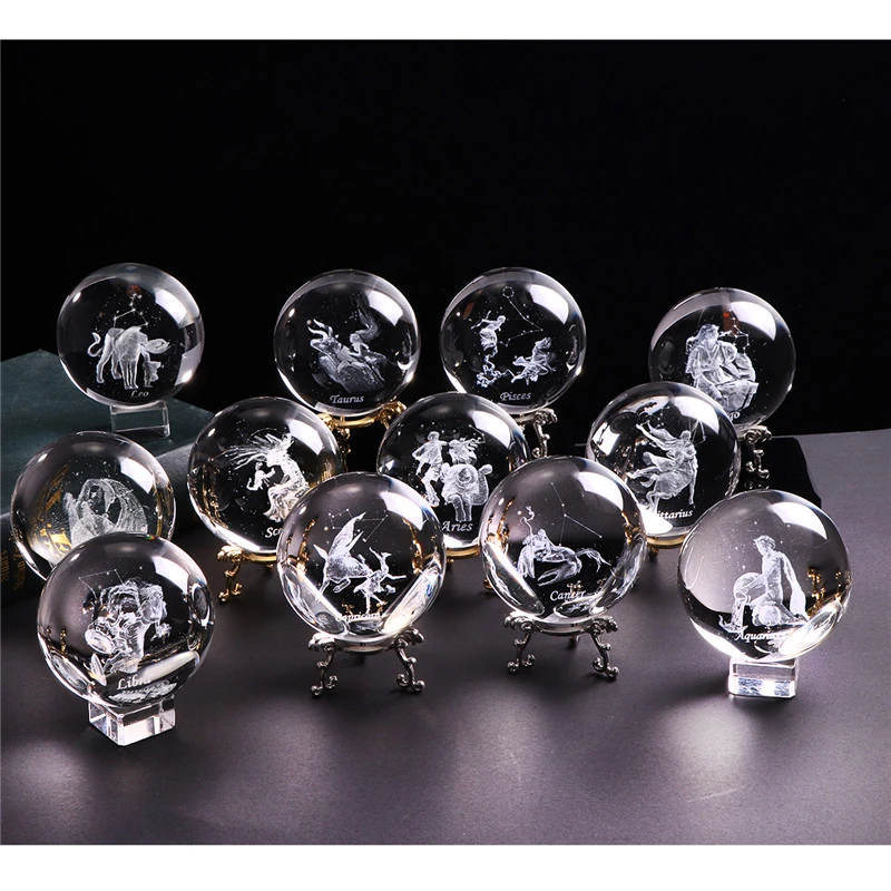 60 MM 3D Zodiac Sign Star Crystal Ball Laser Engraved Glass Sphere Crystal Craft Home Decor Birthday Gift Ornament