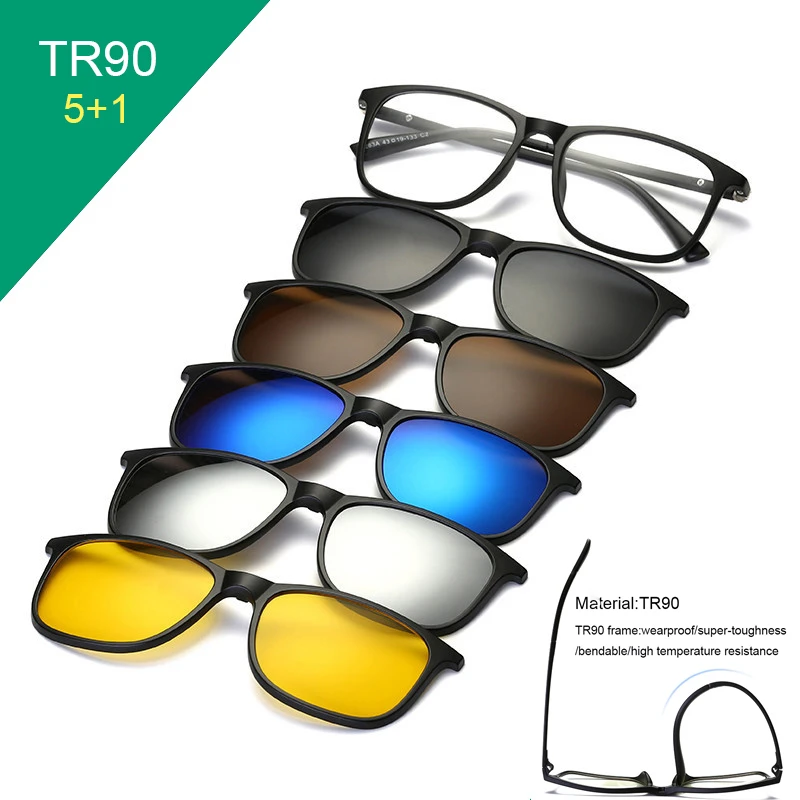 TR90 Clip On Sunglasses men Magnetic clip Sunglasses women Magnet Clip Optical Myopia glasses Frame with 5 sunglasses lens