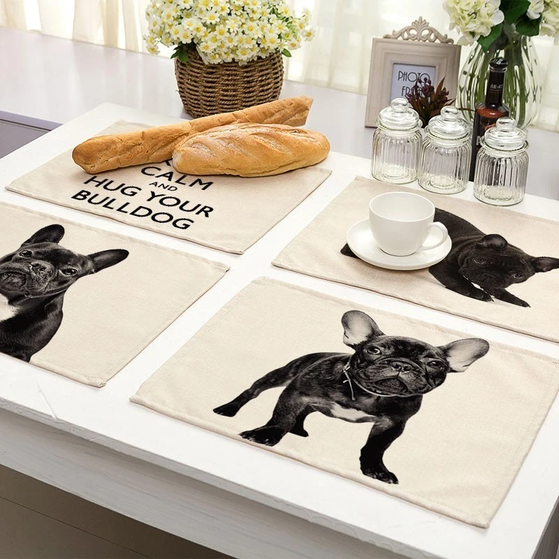 1Pcs French Bulldog Dog Pattern Placemat Dining Table Mat Cotton Linen Drink Coaster Cup Mat 42*32cm Kitchen Accessories MA0046