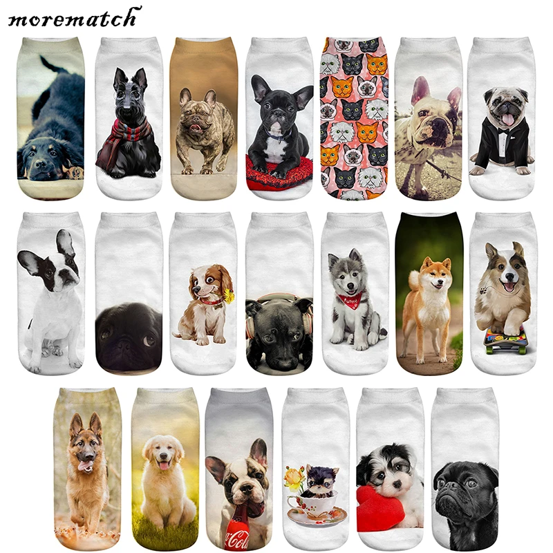 Morematch 1 Pair Women Ankle Sock Cute Dogs Pattern Cotton Socks 3D Printing Funny Socks 20 Style Optional