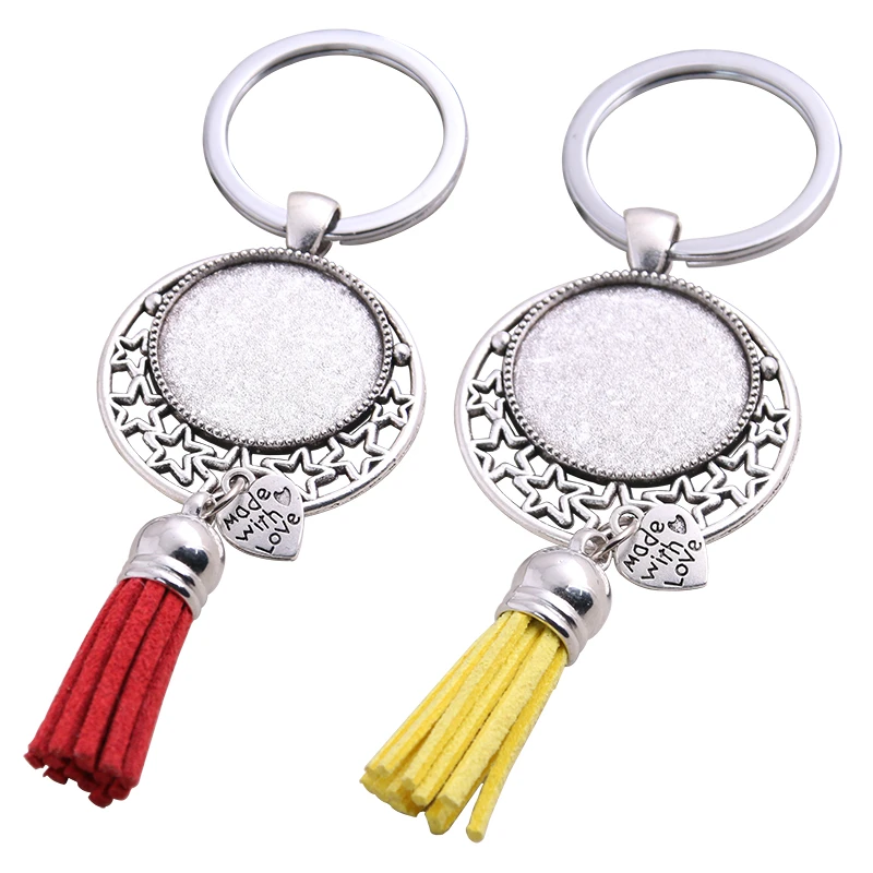 5pcs 9color Metal Antique   Tassels Key Rings Chain Filligree star Fit round 25mm Cabochon Logo Pendant Diy Jewelry 14B1672