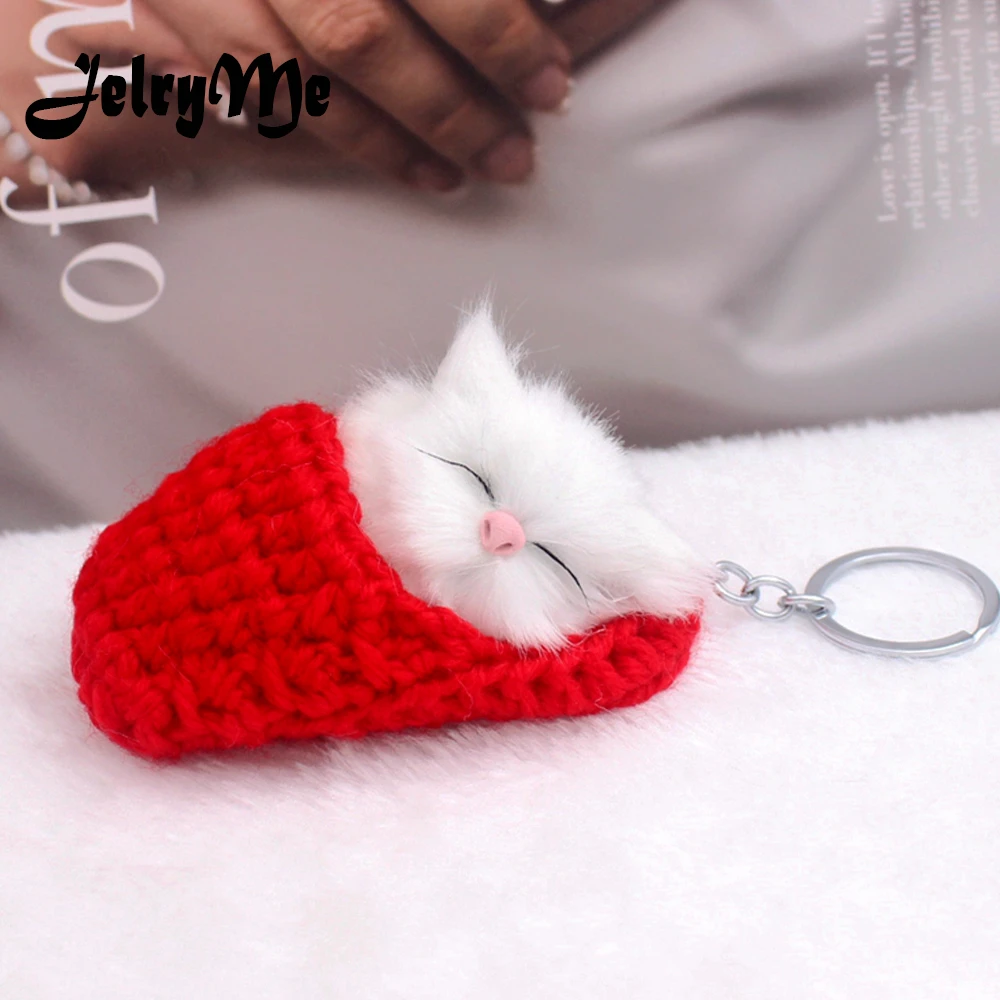 Cute Sleeping Cat Pompom Keychains For Women Girls Handmade Woven Shoes Faux Rabbit Fur Kitten Key Chains Fluffy Car Key Rings