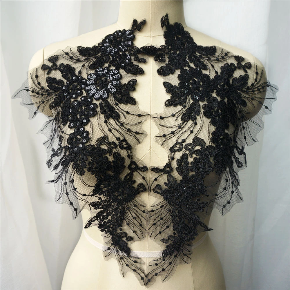 2PCS Black Sequin Flower Tassel Wedding Gown Appliques Lace Fabric Embroidered Trims Collar Mesh Sew Patch For Dress DIY Decor