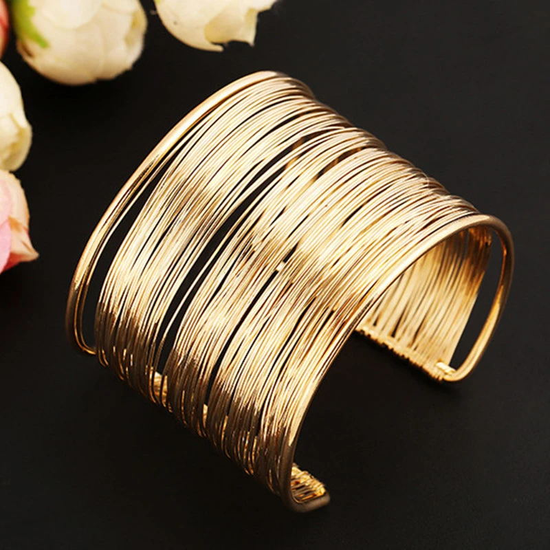 Fashion Women's Multilayer Metal Wires Strings Open Bangle Wide Cuff Bracelet Girls Fashion Jewelry Accessories Best Gift