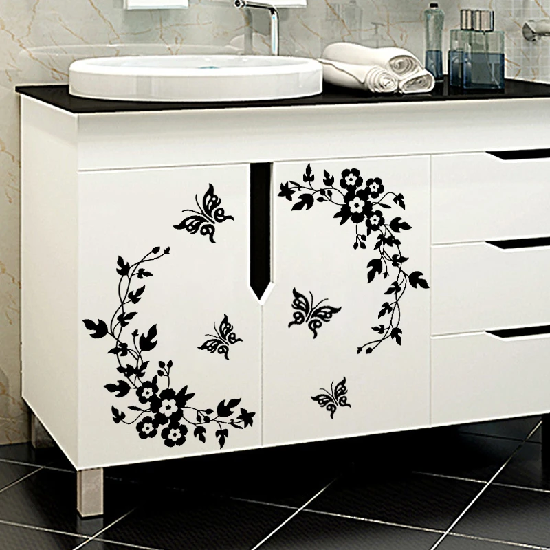 black classic butterfly flower home wedding decoration wall stickers for living room kitchen bathroom decorative flora mural art