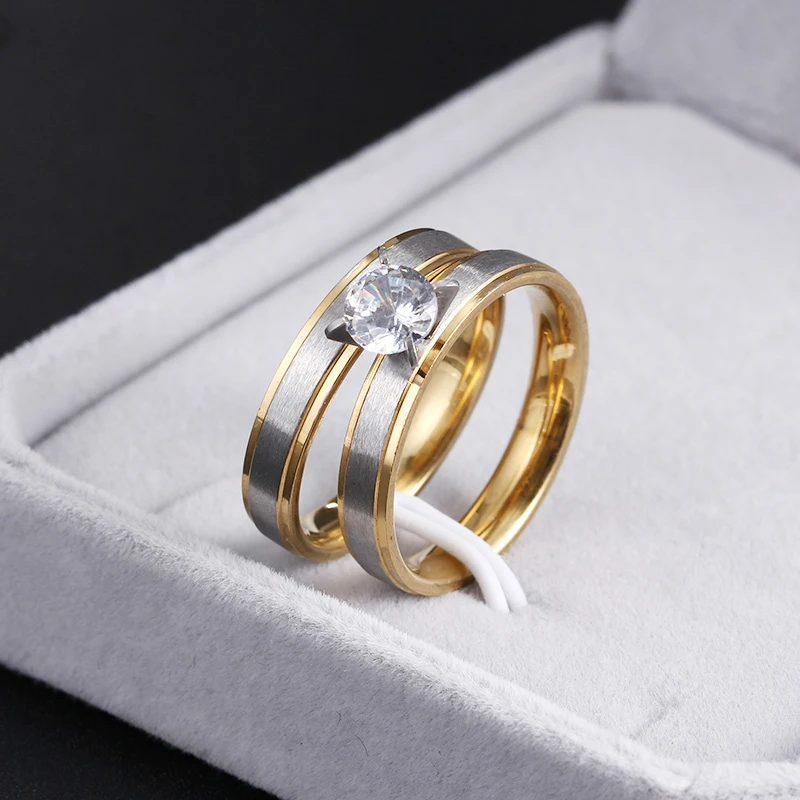 CACANA  Stainless Steel Rings For Women Shiny Zircon Pair Engagement Fashion Jewelry Rings For Male Party Wedding