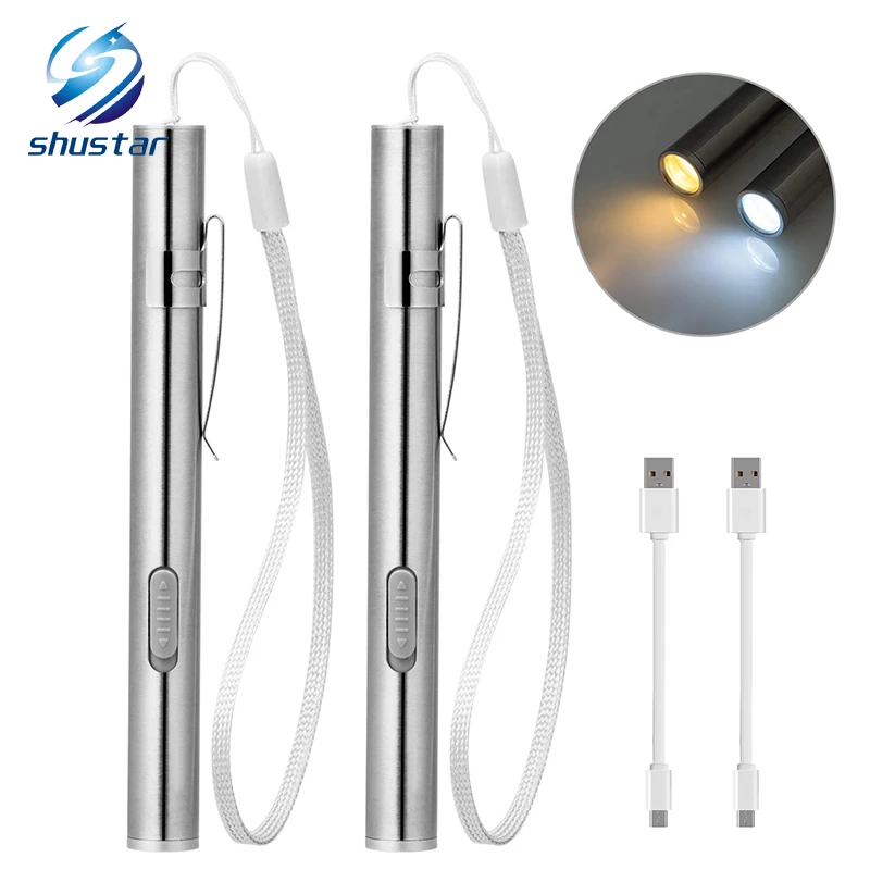 Rechargeable LED Flashlight Pen light MINI Torch Cool white + warm white light With USB charging cable Used for camping, doctors