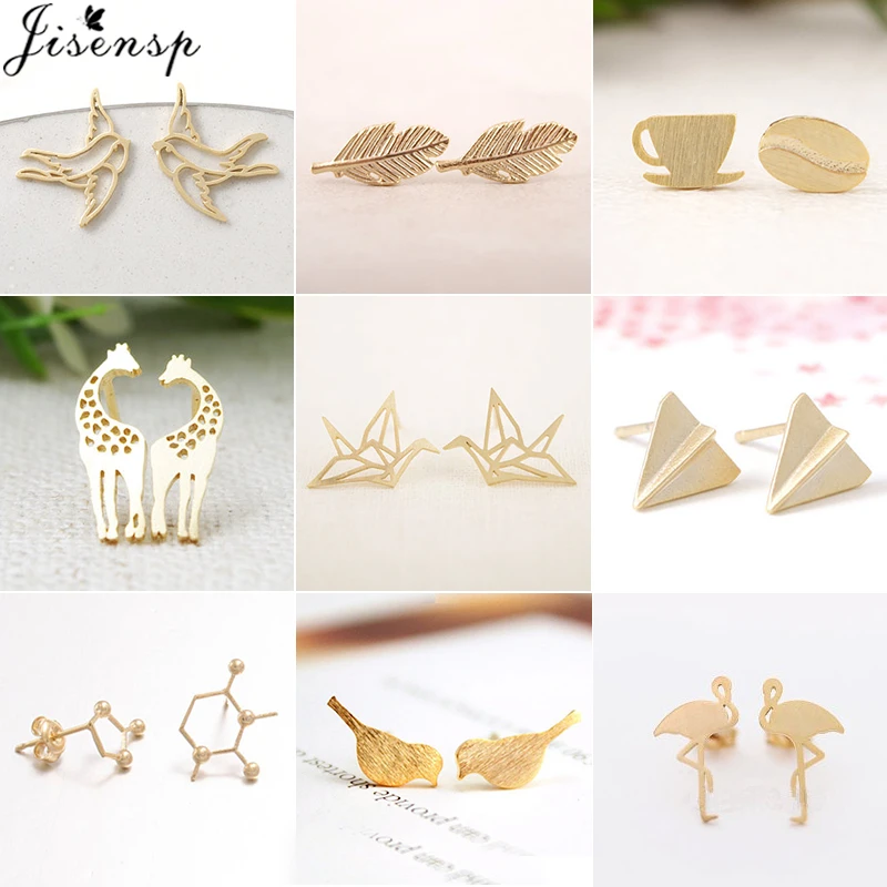Jisensp Lovely Animal Stud Earrings Women Kids Jewelry Cute Leaf Ear Earing Fashion Bird Earings Piercing Pendientes Party Gifts