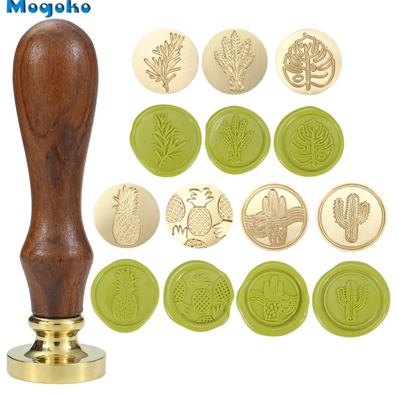 Mogoko Wax Seal Stamp Retro Wood Classic Sealing Wax Stamps Envelope Antique Stamp Rosemary/Lavender/Monstera Leaf/Cactus Plants