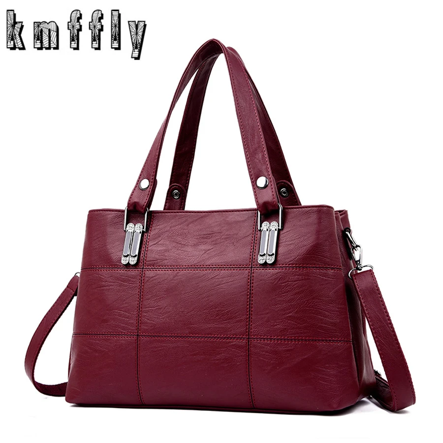 KMFFLY brand women leather handbags women's shoulder bags female messenger bag large capacity ladies casual tote bag black/red