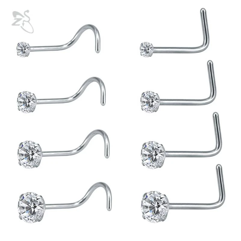 ZS 8 Pcs/lost 316L Surgical Steel Nose Studs Piercings Nez L Shape Crystal Nose Rings Zircon Nostril Piercing Jewelry Nose Rings