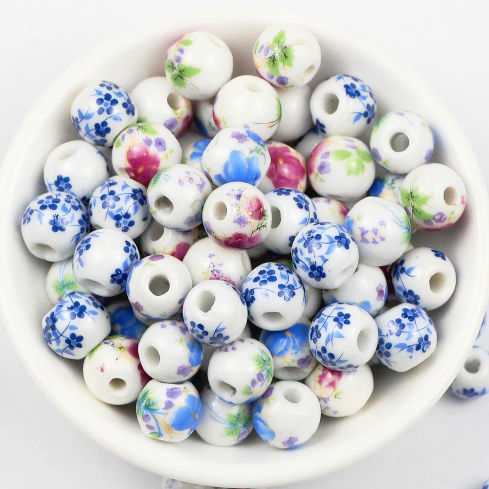 JHNBY 30pcs Decal Ceramic beads 8/10/12MM Plum and Peony Spacer Round Loose beads for Jewelry bracelets making DIY accessories
