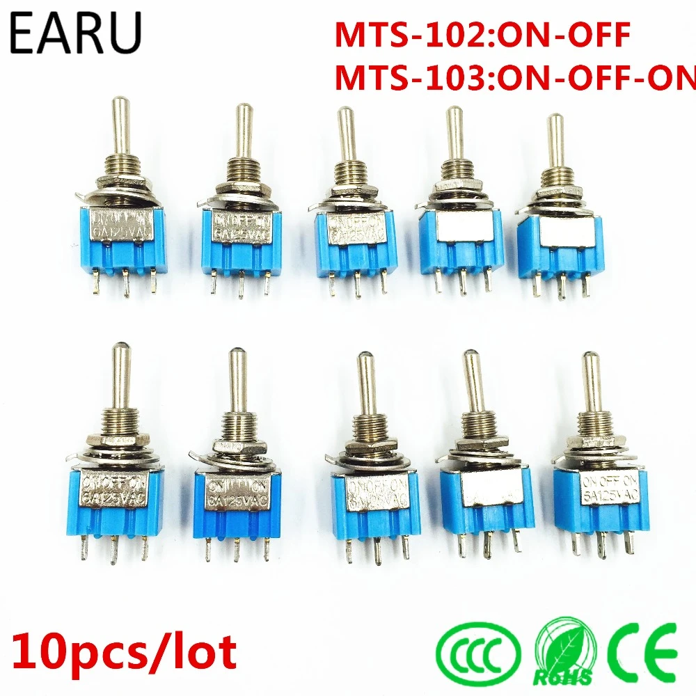 10Pcs DIY Toggle Switch ON-OFF-ON / ON-OFF 3Pin 3 Position Latching MTS-103 MTS-102 AC 125V/6A 250V/3A Power Button Switch Car