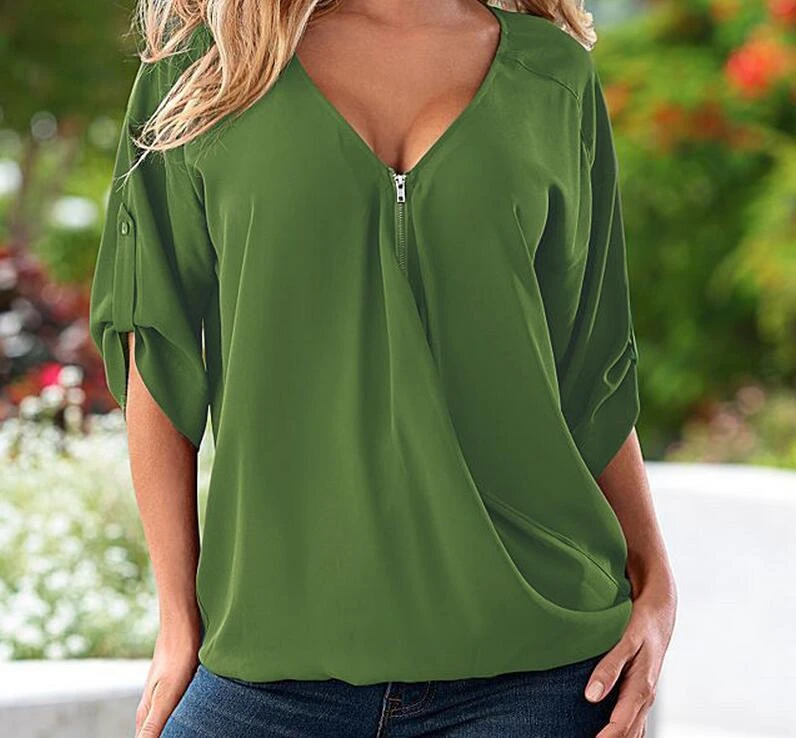 S-5XL Blouses Loose shirt White,Red,Black,Blue Sexy Women See Through Chiffon Shirts V Neck Half Casual Blouse Tops Plus Size