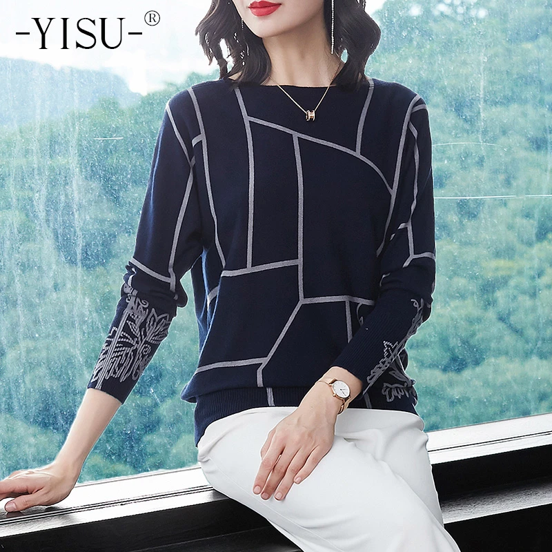 YISU Fashion Women Geometry Print Sweater Long Sleeve Jumpers Knitwear Autumn winter Pullovers high quality Knitted sweaters