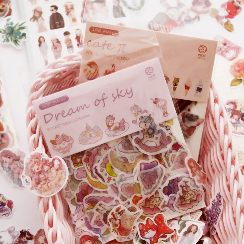 100pcs/pack Kawaii Unicorn Face Cat leaves Decorative Washi Stickers Scrapbooking Stick Label Diary Stationery Album Stickers