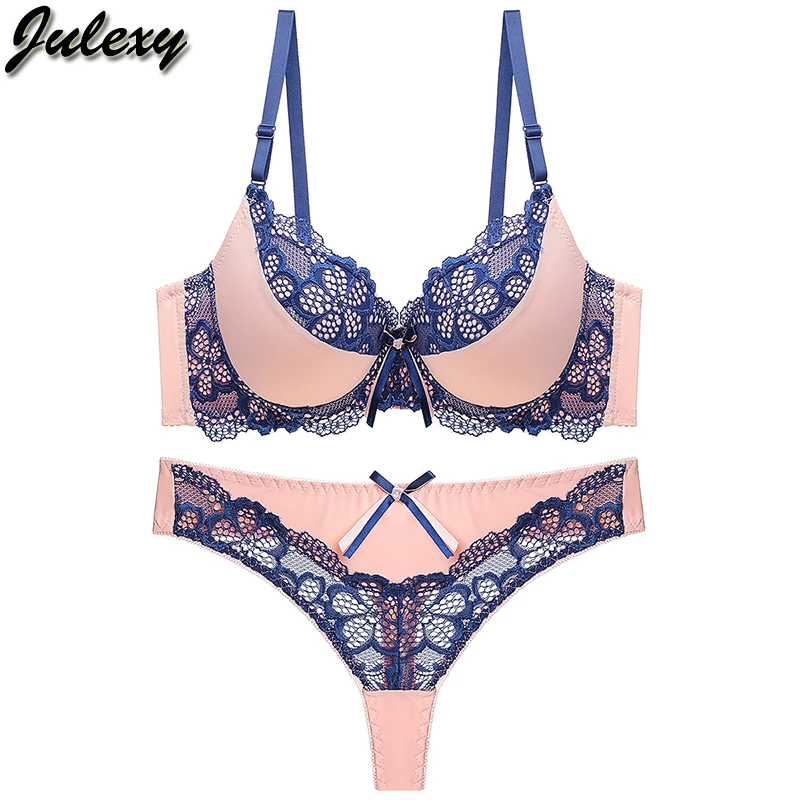 Julexy thong bra set push up Lace hollow out  Brassiere bra and panty set Underwear Femme Panties Lingerie