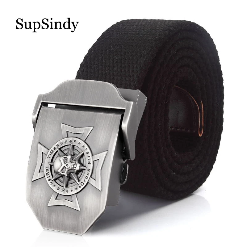 SupSindy men's Canvas belt Skull Cross metal buckle  military belt Army tactical belts for men top quality male strap Army green