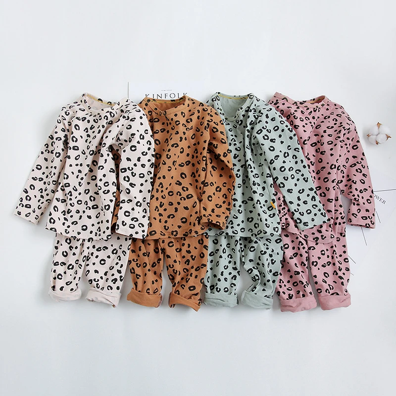 Spring Autumn Baby Boys Pajamas Set 18M-8yrs Children Kids Print Leopard Sleepwear Lounge Wear Cotton Girls Evening Dress