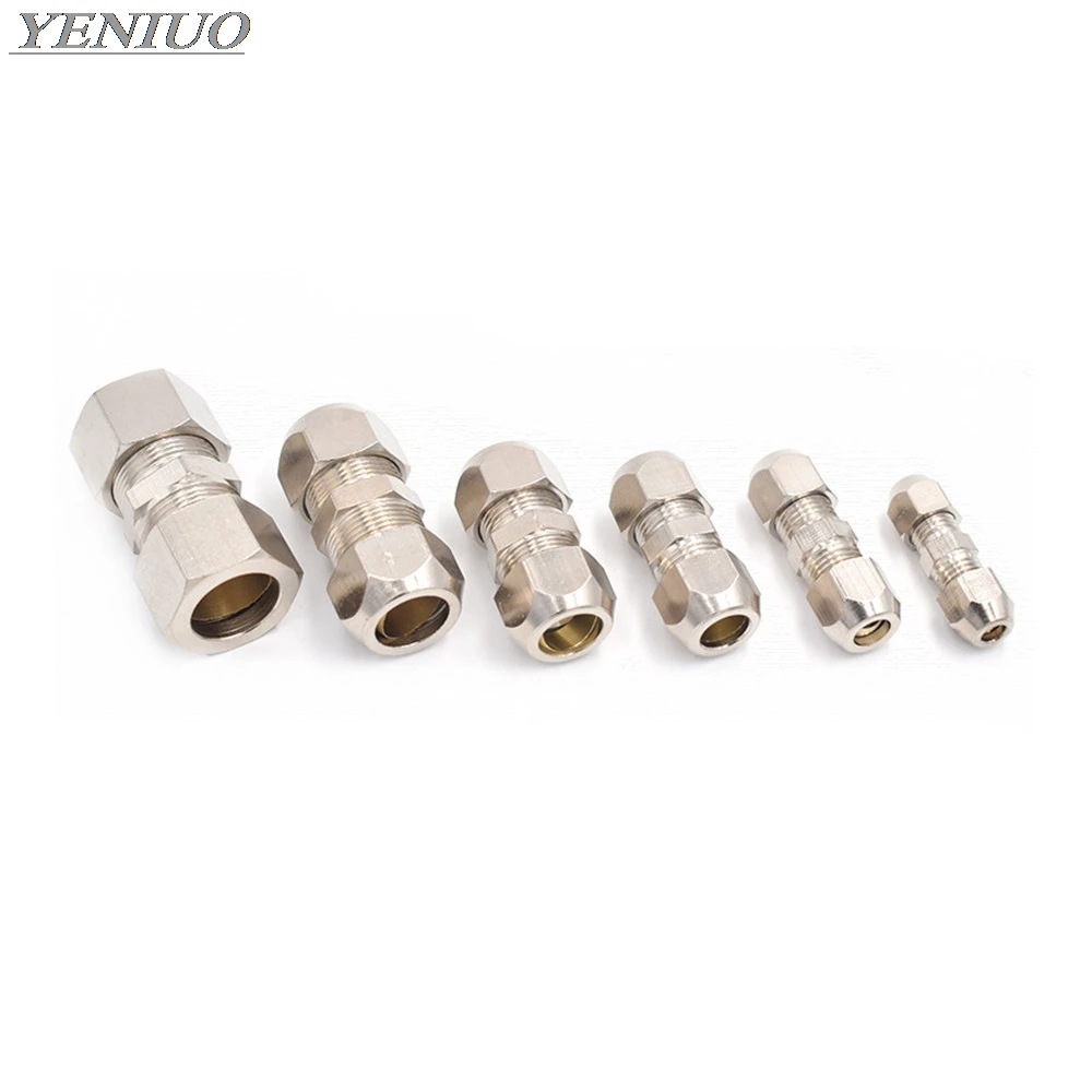 Compression Ferrule Tube Fitting 4-16mm Brass Pipe Double Card Set Copper Joints Tubing Nut Lock Double Straight