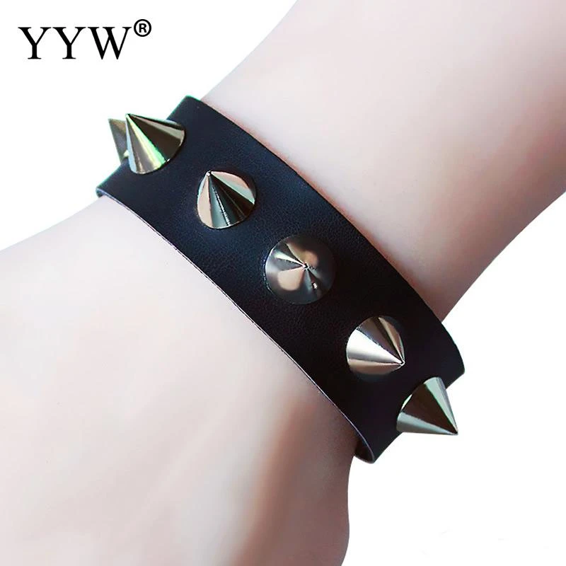 2019 New Unisex Women Men Punk Black Bracelet Silver color Spike Rivet Cone Black Leather Cuff Wristband Adjustable