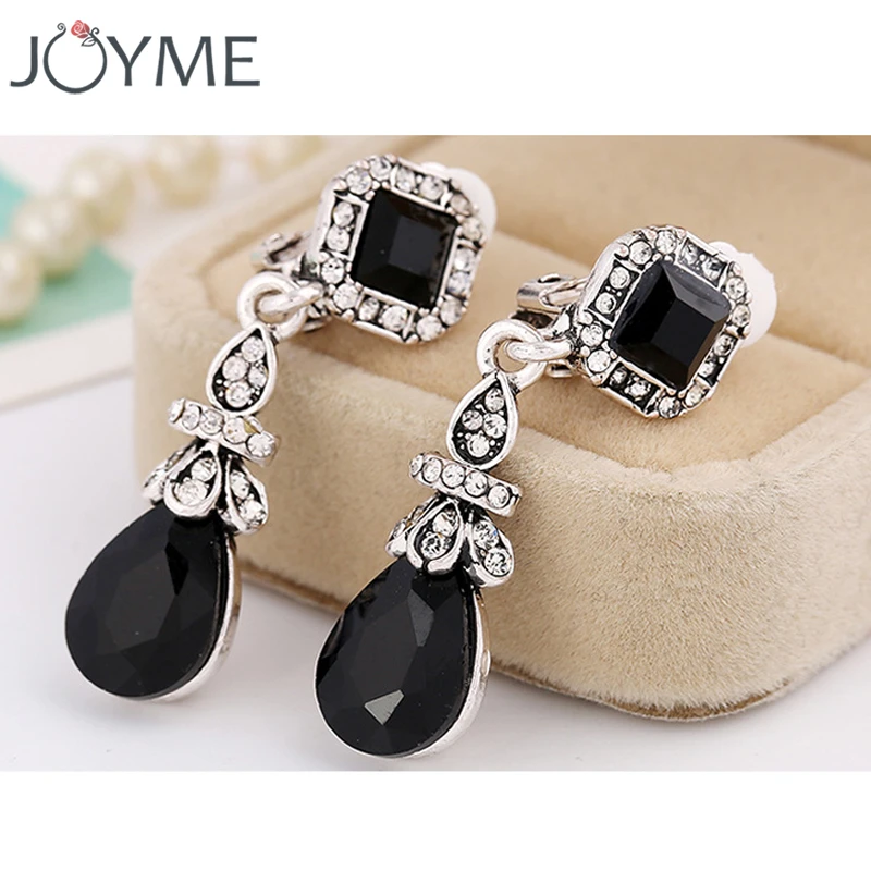 Black WaterDrop Clip Earrings Without Piercing Long for Women Elegant Resin Rhinestone Vintage Bohemia Style Clip On Earrings