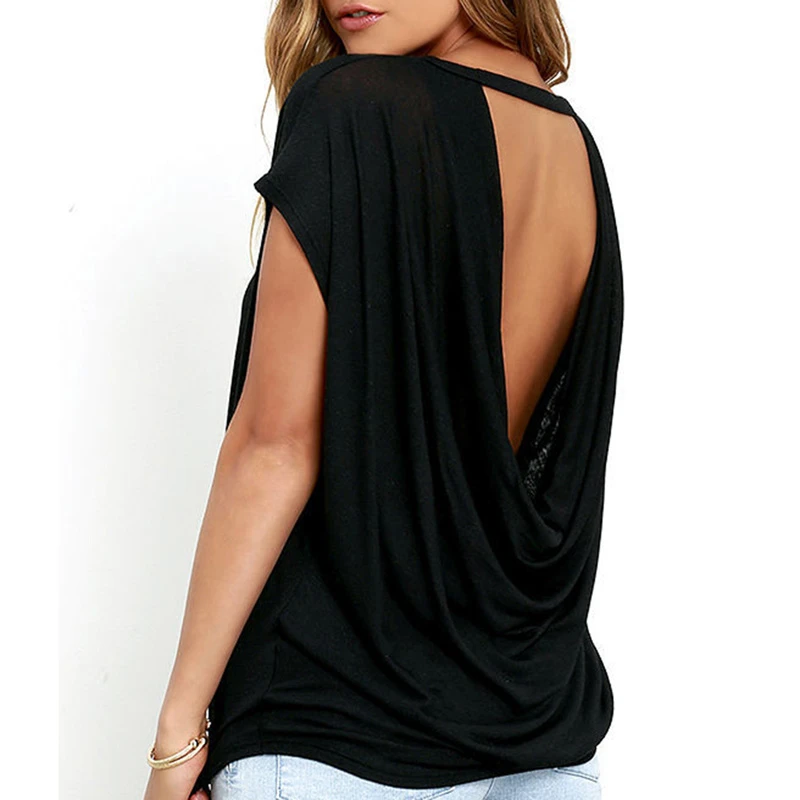 Bigsweety Hot Sale Women Casual Backless Short Sleeve TShirt Summer Casual Loose O-neck Tops Tees Black white Open Back T Shirt