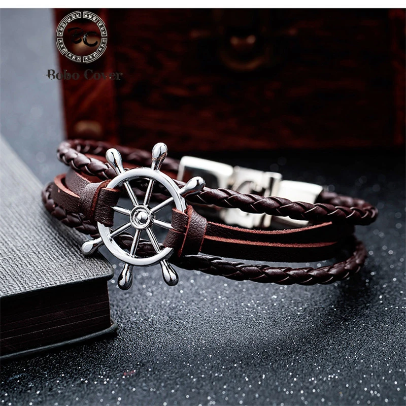 Vintage Braided Black Leather Charm Bracelets Men Couple hope Rudder Wrap Wristbands for Women femme homme Fashion Jewelry Gifts