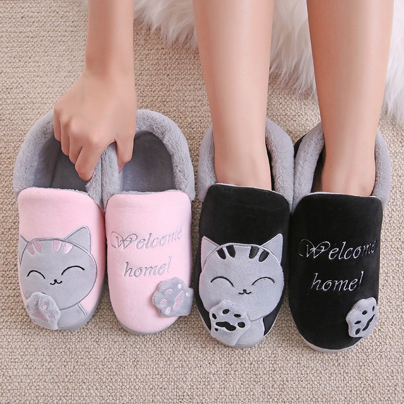 Home Slippers Women Cartoon Cat House Shoes Non-slip Soft Winter Warm Indoor Bedroom Men Ladies Boys Loves Couples Plus Size