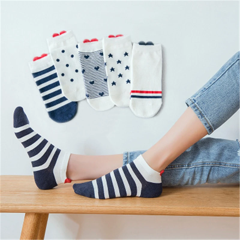 10 Pieces=5 Pairs Women Funny Spring Novelty Comfortable Cartoon Heart Animal Print Cat Lovely Full Cotton Boat Socks Dog Kawaii