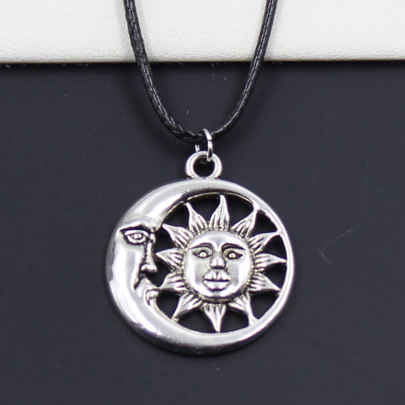 New Durable Black Faux Leather Sun Moon Pendant Cord Choker DIY Necklace Retro Boho Tibetan Silver Color