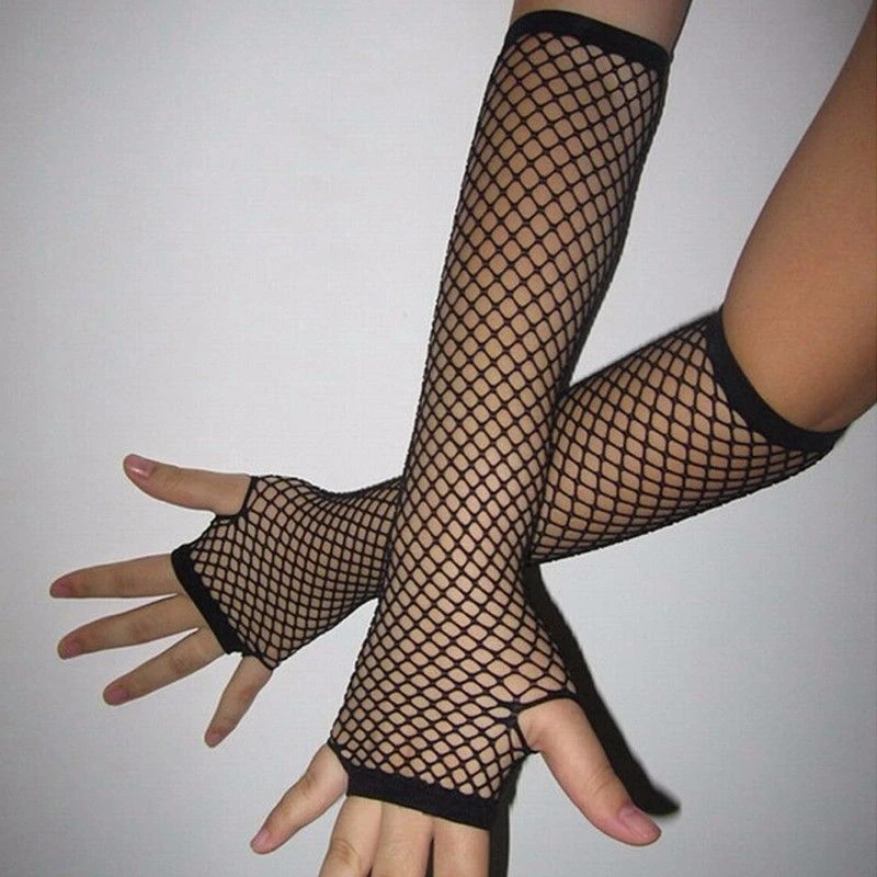 New Crochet Lace Punk Gothic Disco Costume Long Fishnet Dance Mesh Fingerless Gloves Black, Red, Fluorescent Green